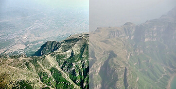 Before and after image of a rugged mountain using real-time enhanced video integrated into the airborne display.